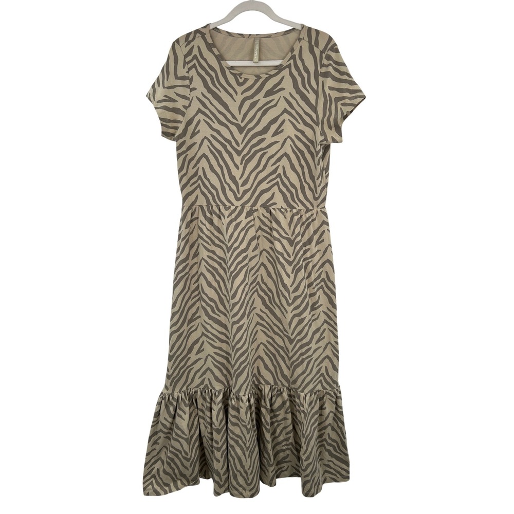 Mata Traders XL Zebra Print Organic Cotton Midi‎ Dress Tan Brown Stretch Boho